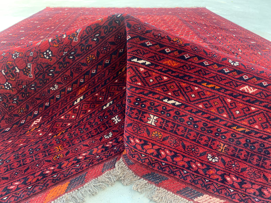 Handgemaakt Perzisch wollen vloerkleed 7x10 - Rood tribaal geometrisch Chobi-stijl kleed - Exacte maat 9'8" x 6'8" - KBHM-617