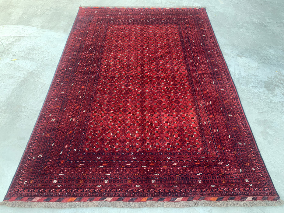 Handgemaakt Perzisch wollen vloerkleed 7x10 - Rood tribaal geometrisch Chobi-stijl kleed - Exacte maat 9'8" x 6'8" - KBHM-617