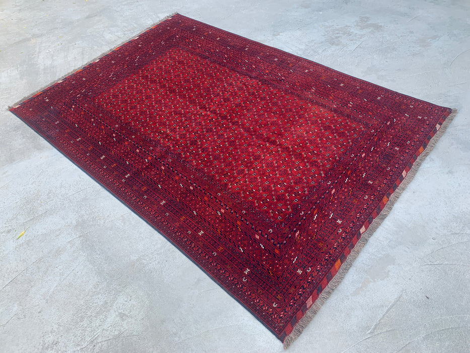 Handgemaakt Perzisch wollen vloerkleed 7x10 - Rood tribaal geometrisch Chobi-stijl kleed - Exacte maat 9'8" x 6'8" - KBHM-617