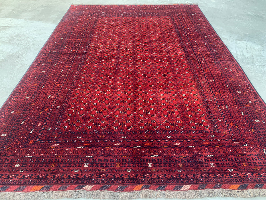 Handgemaakt Perzisch wollen vloerkleed 7x10 - Rood tribaal geometrisch Chobi-stijl kleed - Exacte maat 9'8" x 6'8" - KBHM-617