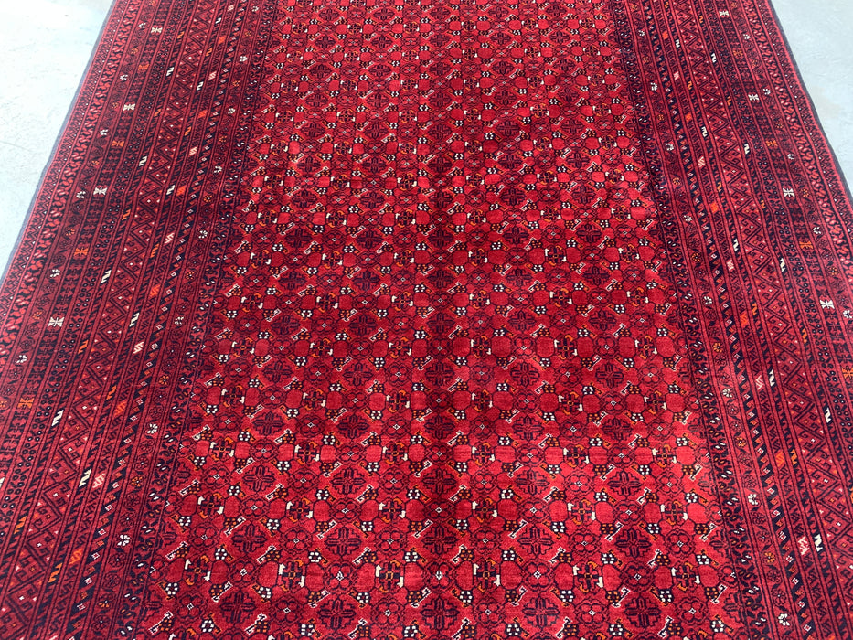 Handgemaakt Perzisch wollen vloerkleed 7x10 - Rood tribaal geometrisch Chobi-stijl kleed - Exacte maat 9'8" x 6'8" - KBHM-617