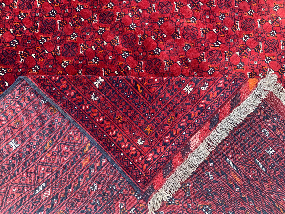 Handgemaakt Perzisch wollen vloerkleed 7x10 - Rood tribaal geometrisch Chobi-stijl kleed - Exacte maat 9'8" x 6'8" - KBHM-617