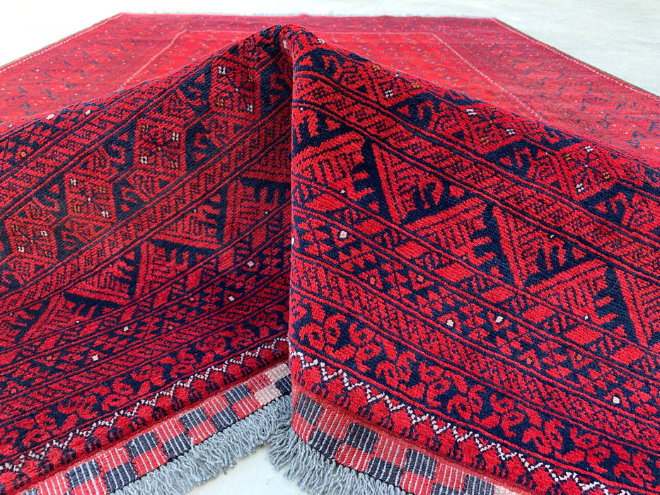 Handgemaakt Perzisch wollen vloerkleed 210x300 - Rood tribaal geometrisch Chobi-stijl kleed - Exacte maat 292 cm x 198 cm - KBHM-618