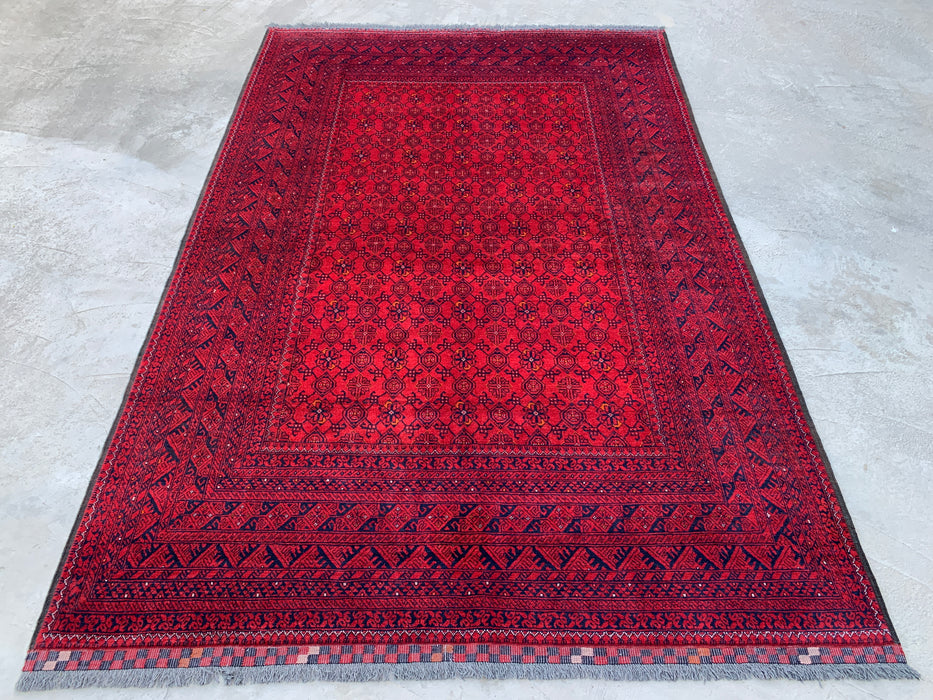 Handgemaakt Perzisch wollen vloerkleed 210x300 - Rood tribaal geometrisch Chobi-stijl kleed - Exacte maat 292 cm x 198 cm - KBHM-618