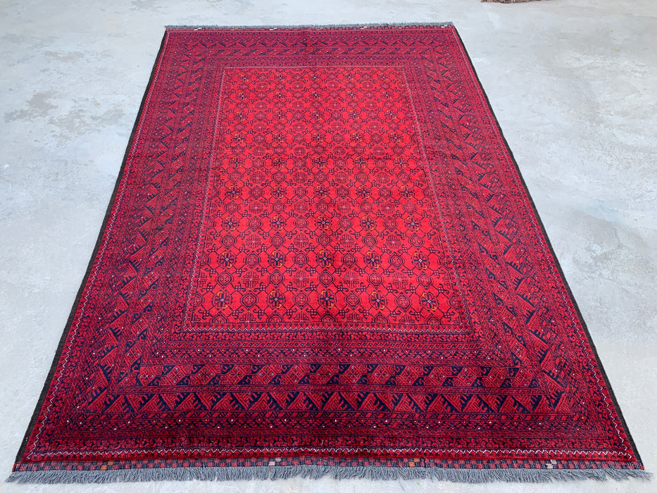 Handgemaakt Perzisch wollen vloerkleed 210x300 - Rood tribaal geometrisch Chobi-stijl kleed - Exacte maat 292 cm x 198 cm - KBHM-618