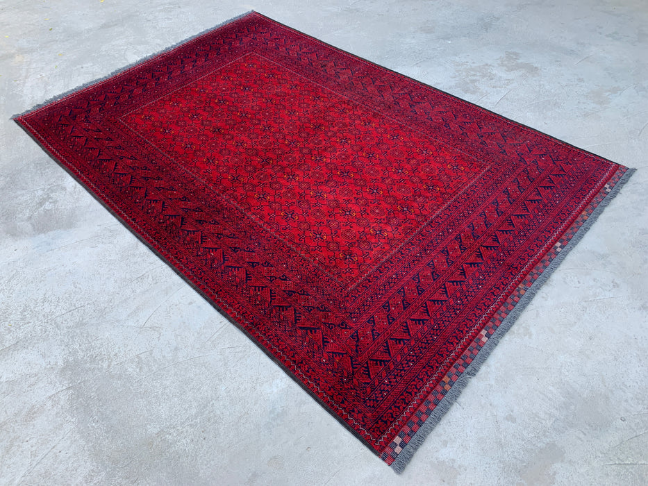Handgemaakt Perzisch wollen vloerkleed 210x300 - Rood tribaal geometrisch Chobi-stijl kleed - Exacte maat 292 cm x 198 cm - KBHM-618