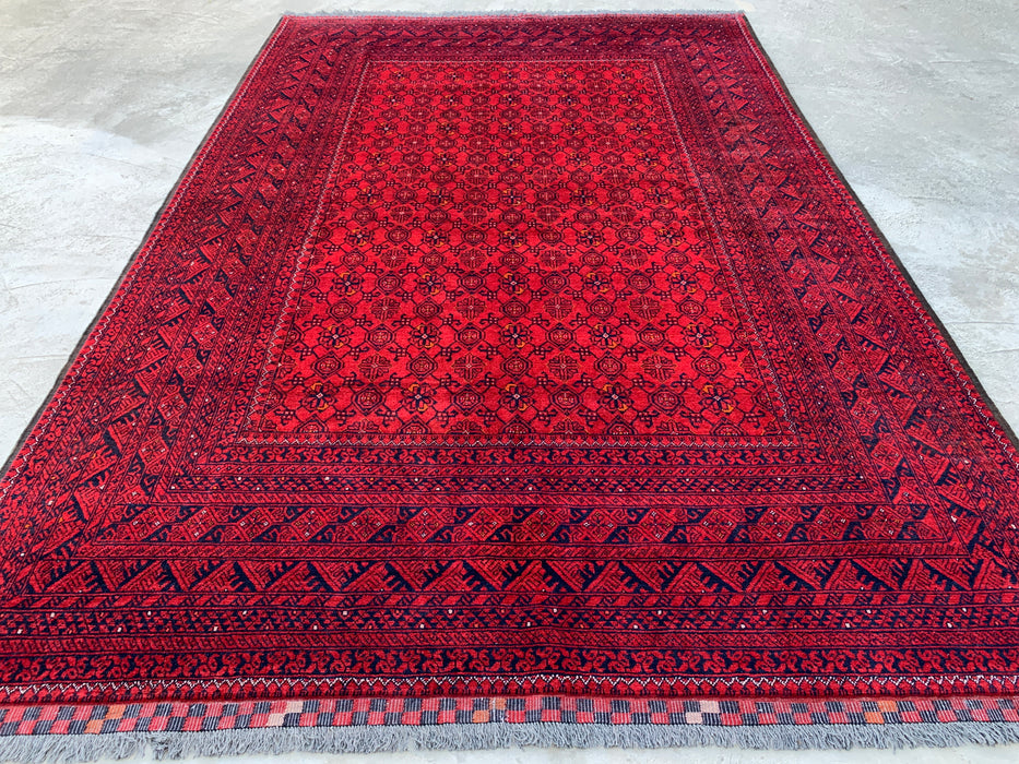 Handgemaakt Perzisch wollen vloerkleed 210x300 - Rood tribaal geometrisch Chobi-stijl kleed - Exacte maat 292 cm x 198 cm - KBHM-618