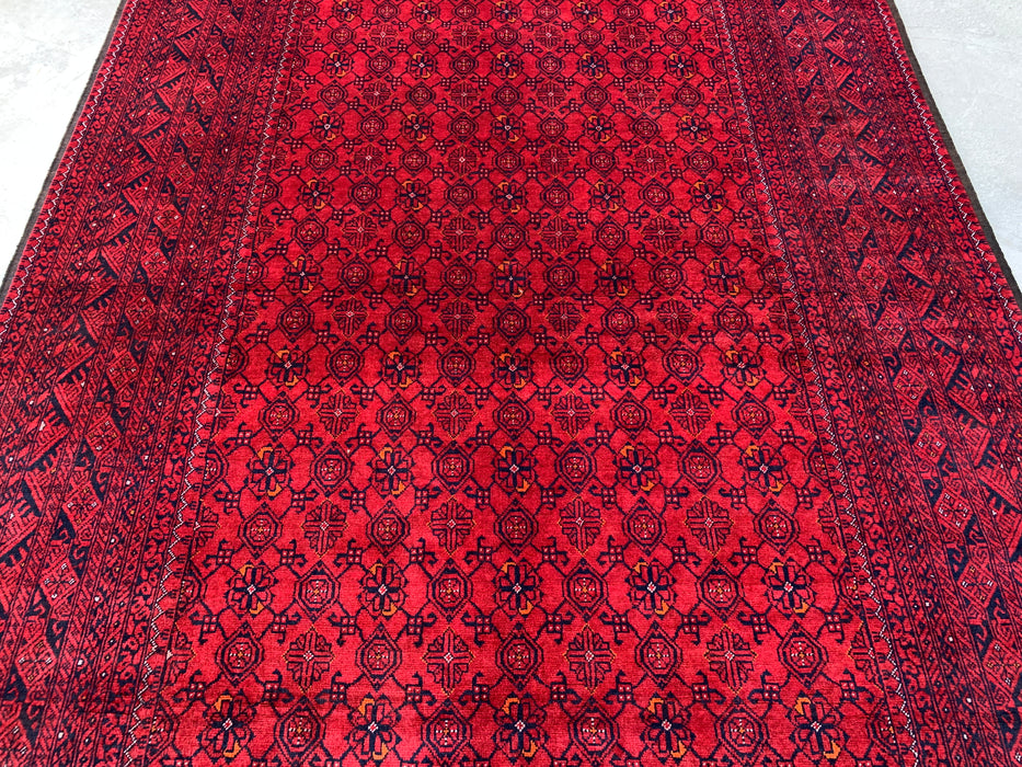 Handgemaakt Perzisch wollen vloerkleed 210x300 - Rood tribaal geometrisch Chobi-stijl kleed - Exacte maat 292 cm x 198 cm - KBHM-618