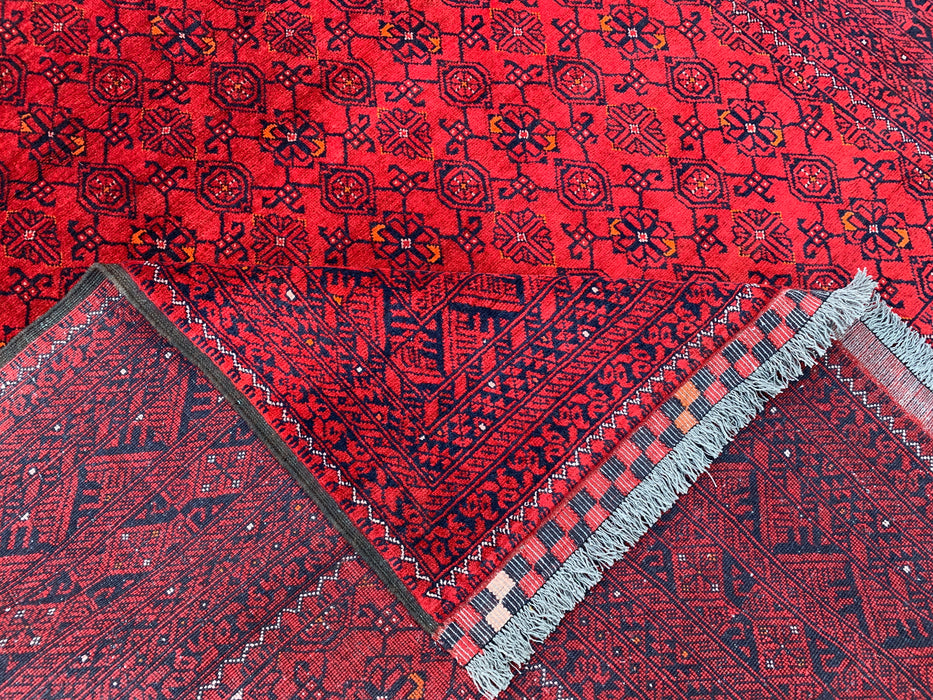 Handgemaakt Perzisch wollen vloerkleed 210x300 - Rood tribaal geometrisch Chobi-stijl kleed - Exacte maat 292 cm x 198 cm - KBHM-618