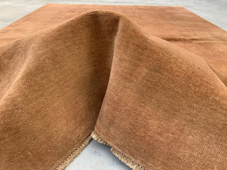 Handgemaakt Perzisch wollen vloerkleed 7x10 - Effen bruin minimalistisch Chobi-stijl vloerkleed - Exacte afmeting 9'4" x 6'7" - KBHM-619