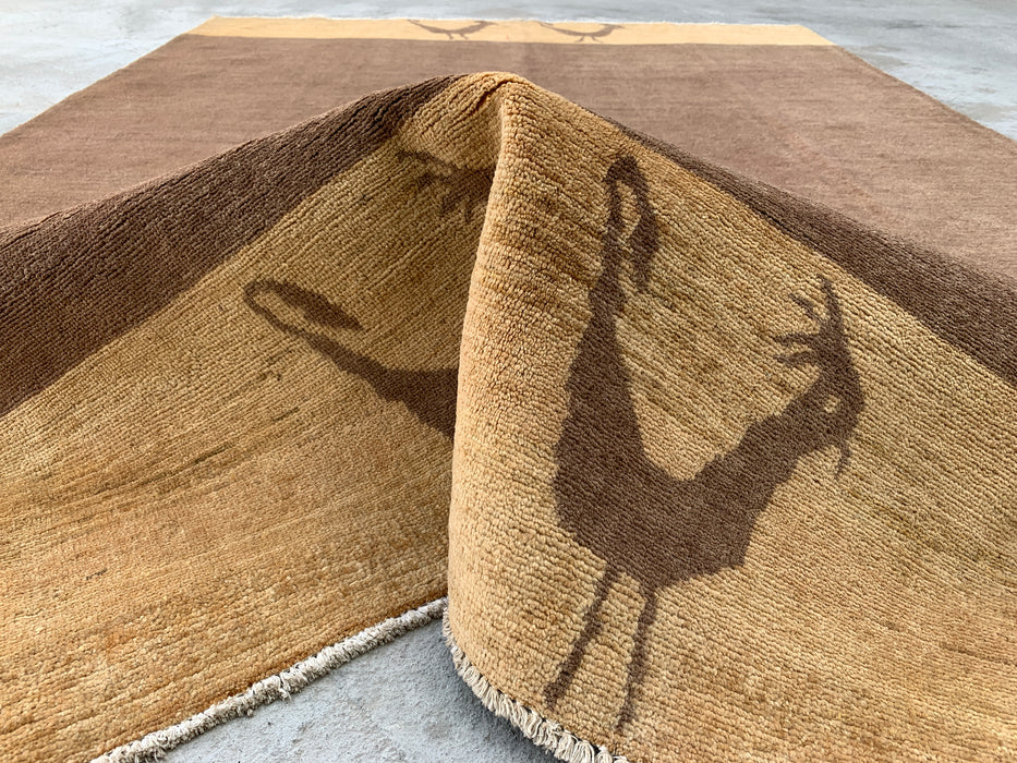 262 x 178 cm handgeknoopt Peshawari Chobi wollen vloerkleed - Bruin minimalistisch vloerkleed met vogelmotief - KBHM-620