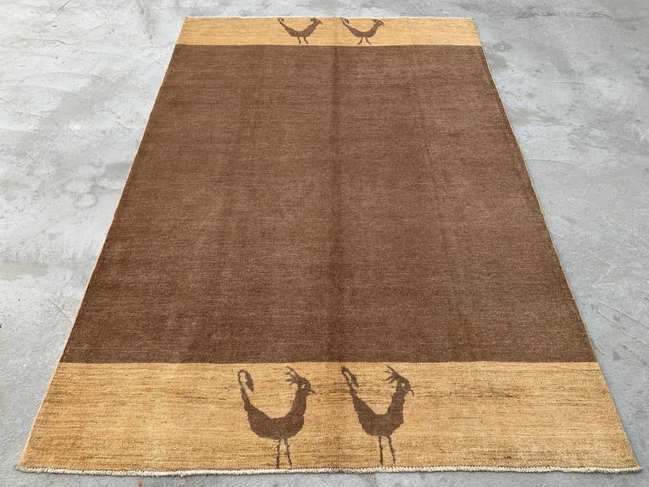 262 x 178 cm handgeknoopt Peshawari Chobi wollen vloerkleed - Bruin minimalistisch vloerkleed met vogelmotief - KBHM-620