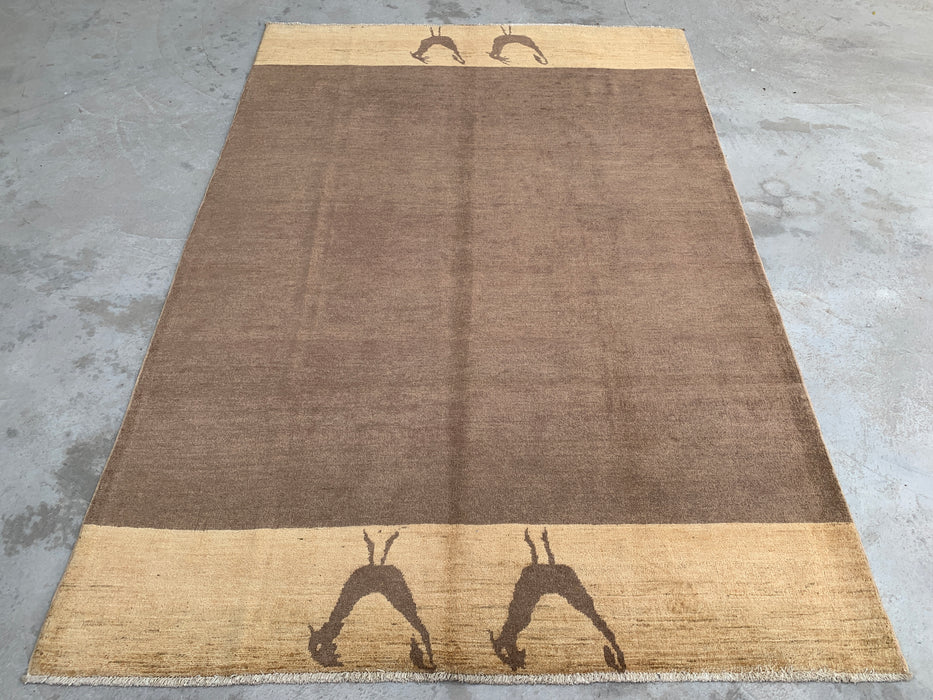 262 x 178 cm handgeknoopt Peshawari Chobi wollen vloerkleed - Bruin minimalistisch vloerkleed met vogelmotief - KBHM-620