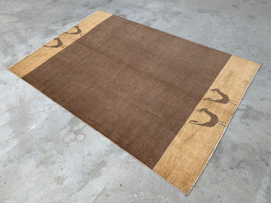 262 x 178 cm handgeknoopt Peshawari Chobi wollen vloerkleed - Bruin minimalistisch vloerkleed met vogelmotief - KBHM-620