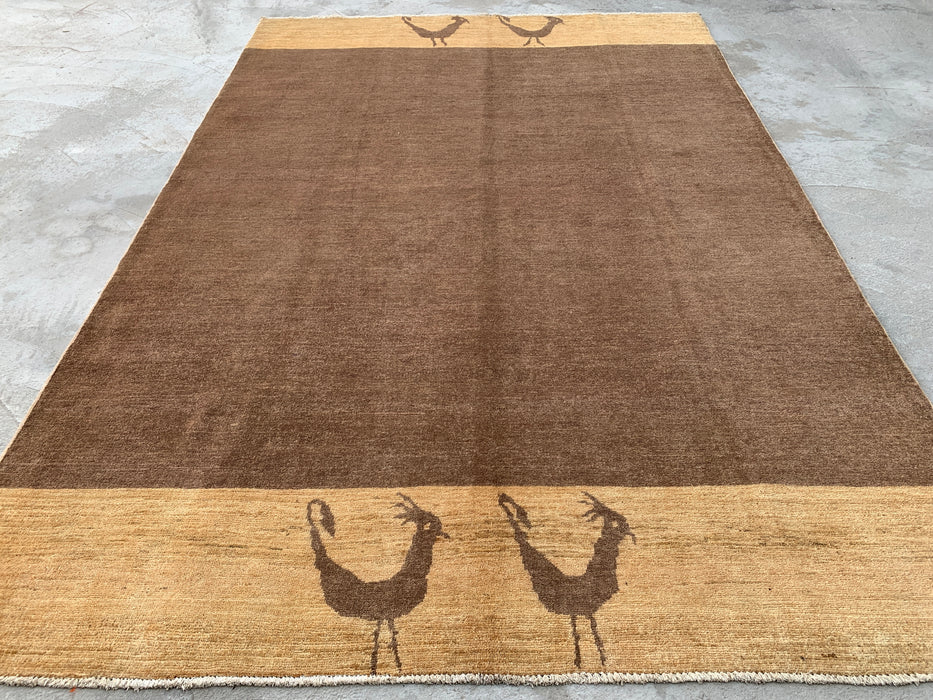 262 x 178 cm handgeknoopt Peshawari Chobi wollen vloerkleed - Bruin minimalistisch vloerkleed met vogelmotief - KBHM-620