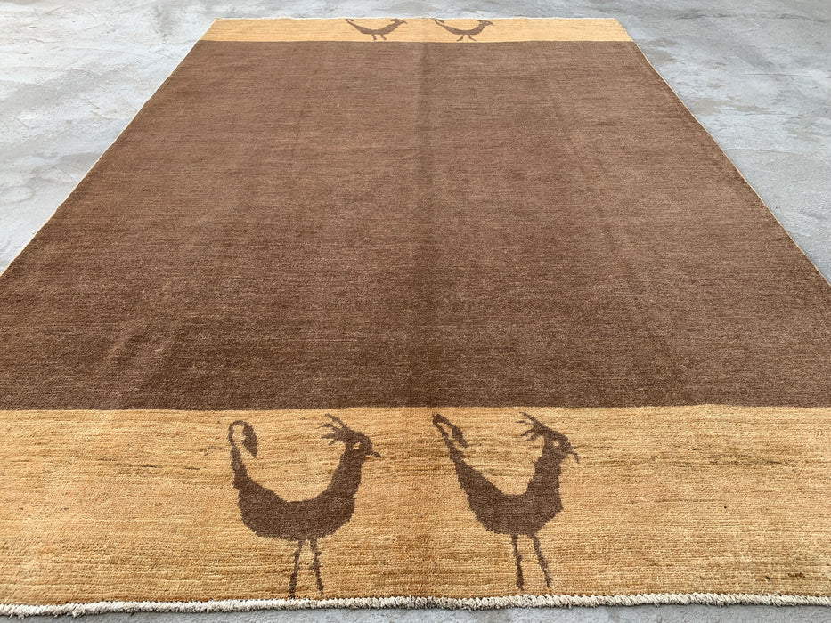 262 x 178 cm handgeknoopt Peshawari Chobi wollen vloerkleed - Bruin minimalistisch vloerkleed met vogelmotief - KBHM-620