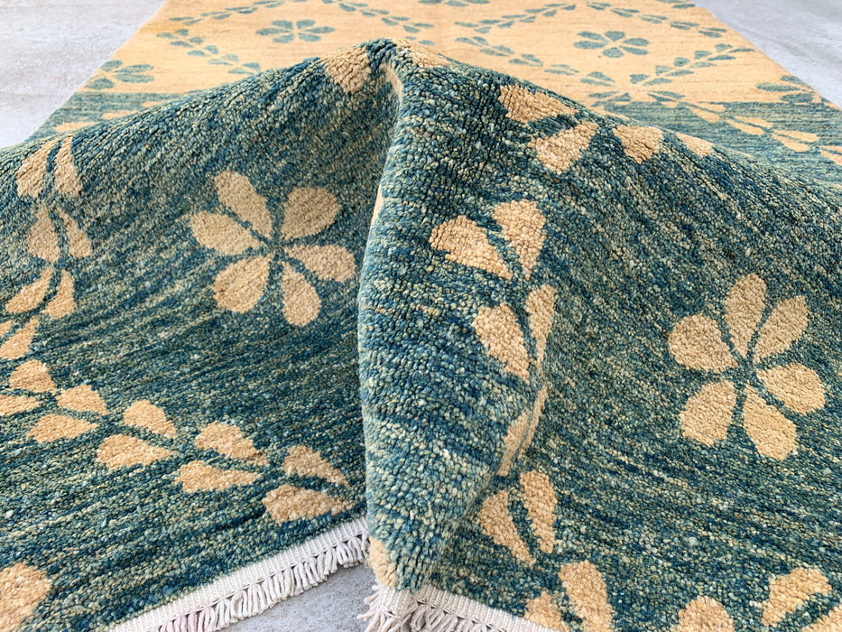 173 x 107 cm handgeknoopt Peshawari Chobi wollen tapijt - Thelgroen beige geometrisch bloemig vloerkleed - KBHM-621