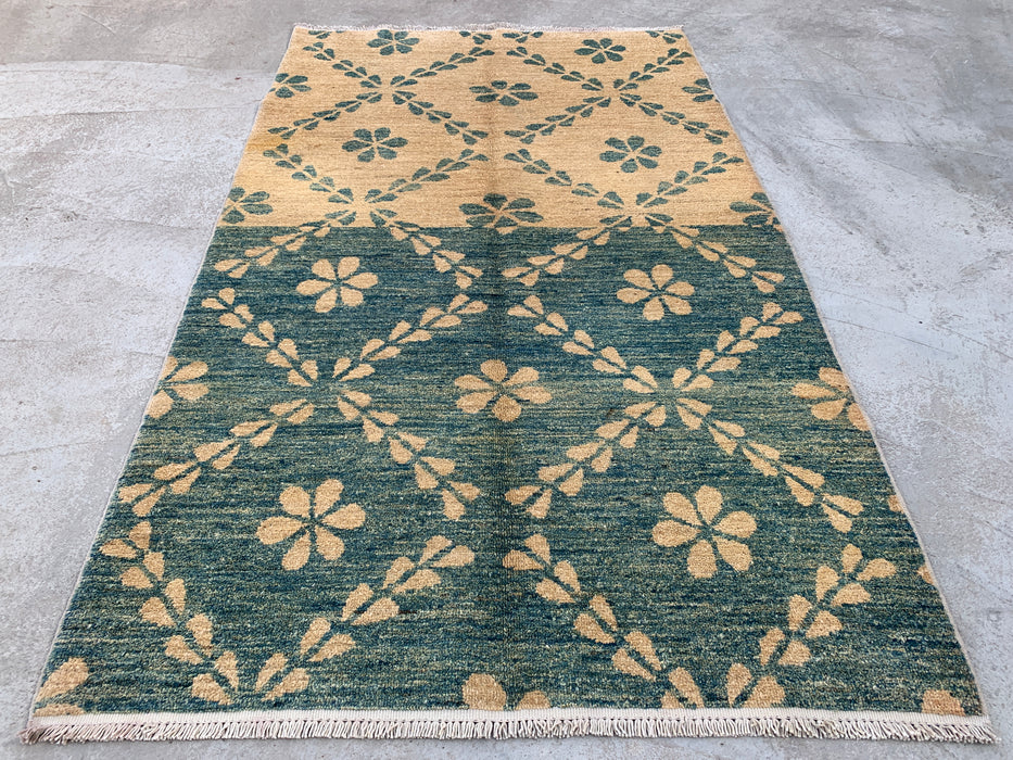 173 x 107 cm handgeknoopt Peshawari Chobi wollen tapijt - Thelgroen beige geometrisch bloemig vloerkleed - KBHM-621