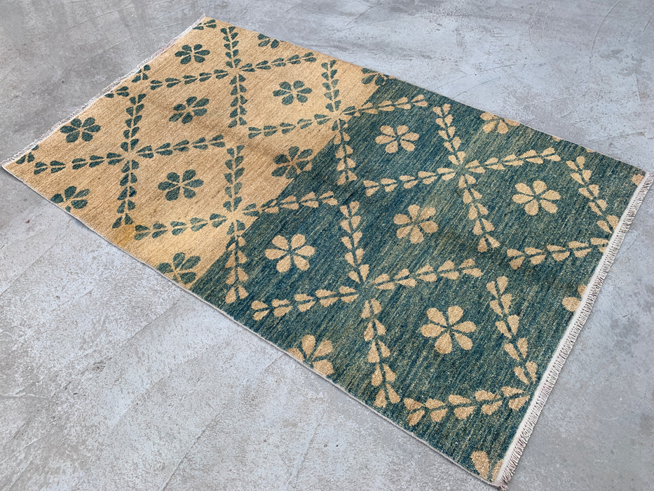 173 x 107 cm handgeknoopt Peshawari Chobi wollen tapijt - Thelgroen beige geometrisch bloemig vloerkleed - KBHM-621