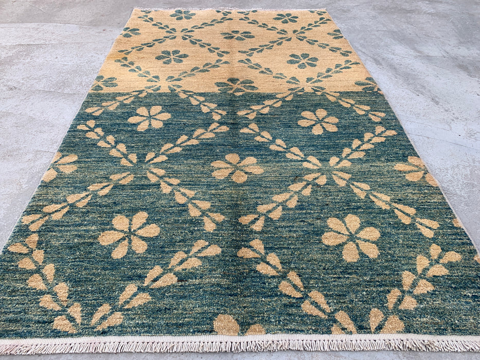 173 x 107 cm handgeknoopt Peshawari Chobi wollen tapijt - Thelgroen beige geometrisch bloemig vloerkleed - KBHM-621