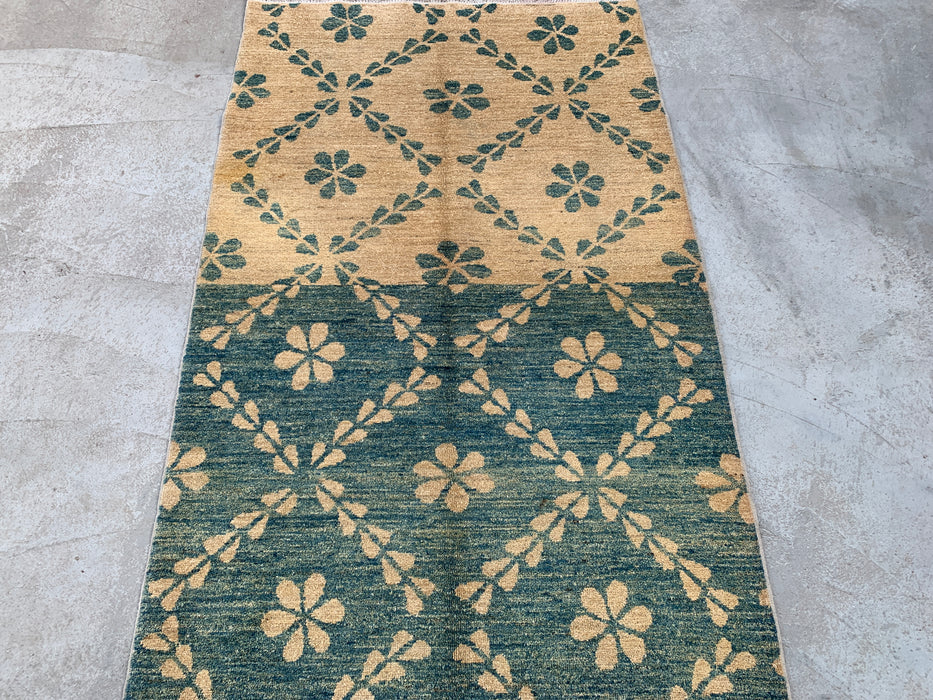 173 x 107 cm handgeknoopt Peshawari Chobi wollen tapijt - Thelgroen beige geometrisch bloemig vloerkleed - KBHM-621