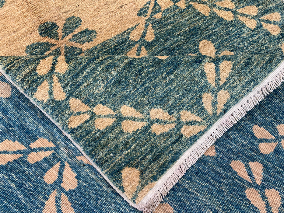 173 x 107 cm handgeknoopt Peshawari Chobi wollen tapijt - Thelgroen beige geometrisch bloemig vloerkleed - KBHM-621
