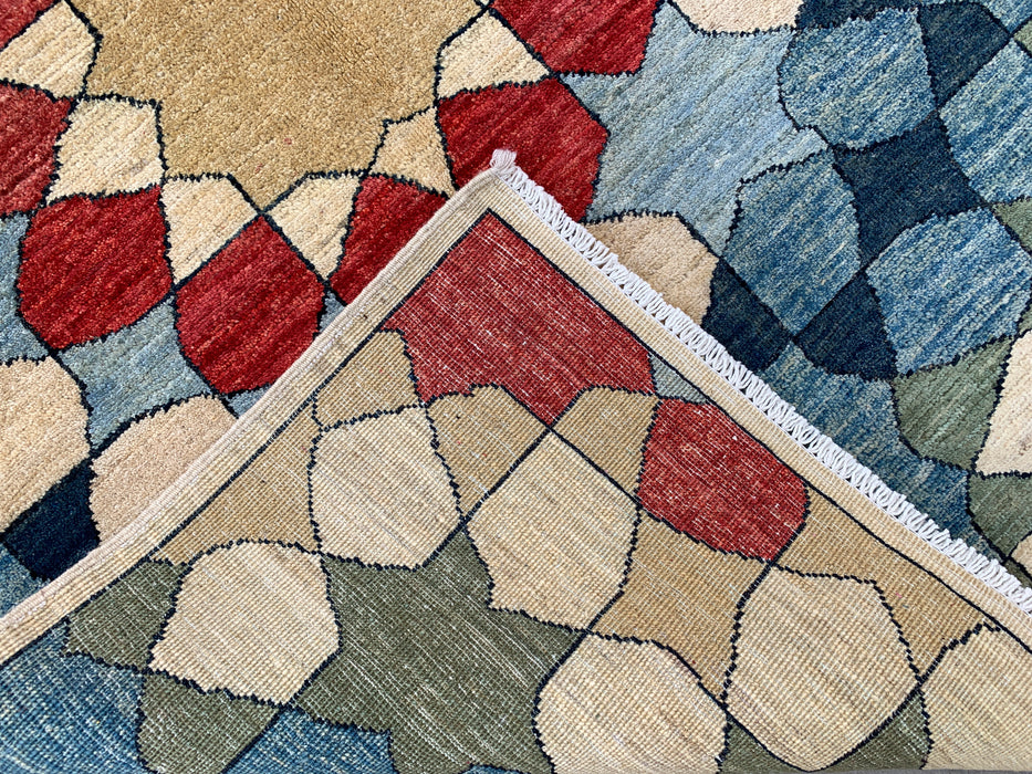 5'10 x 3'10 Handgeknoopt Peshawari Chobi wollen tapijt - Blauw geometrisch modern vloerkleed - KBHM-622