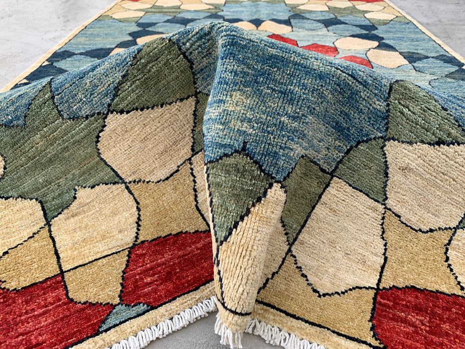 5'10 x 3'10 Handgeknoopt Peshawari Chobi wollen tapijt - Blauw geometrisch modern vloerkleed - KBHM-622