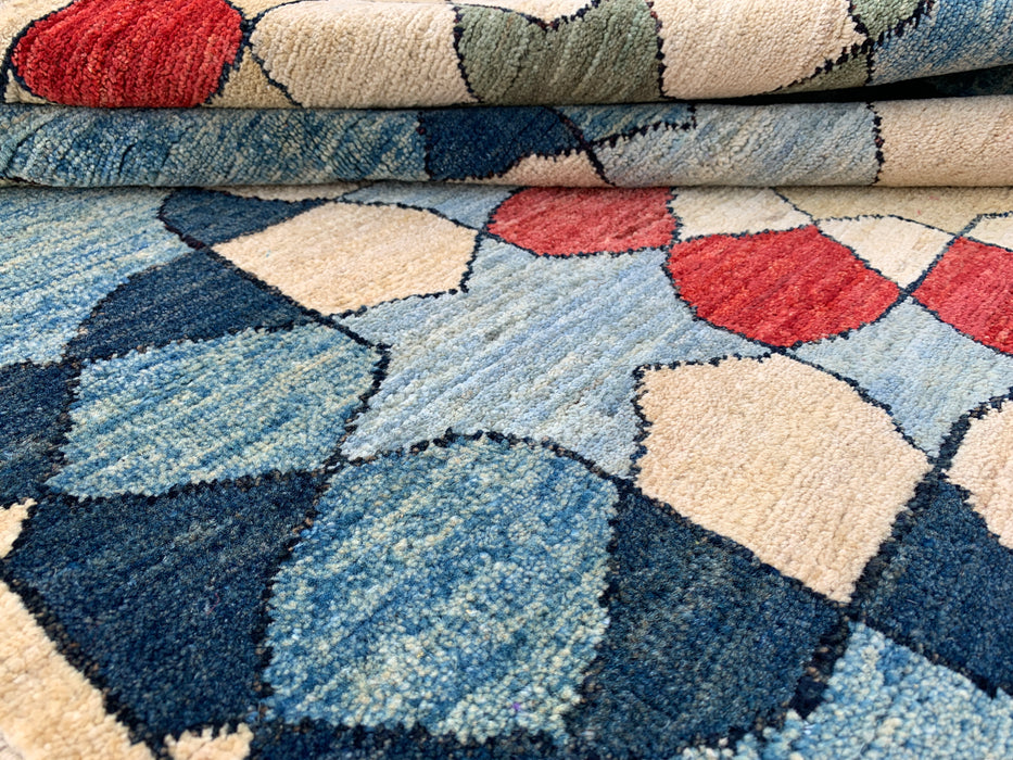 5'10 x 3'10 Handgeknoopt Peshawari Chobi wollen tapijt - Blauw geometrisch modern vloerkleed - KBHM-622