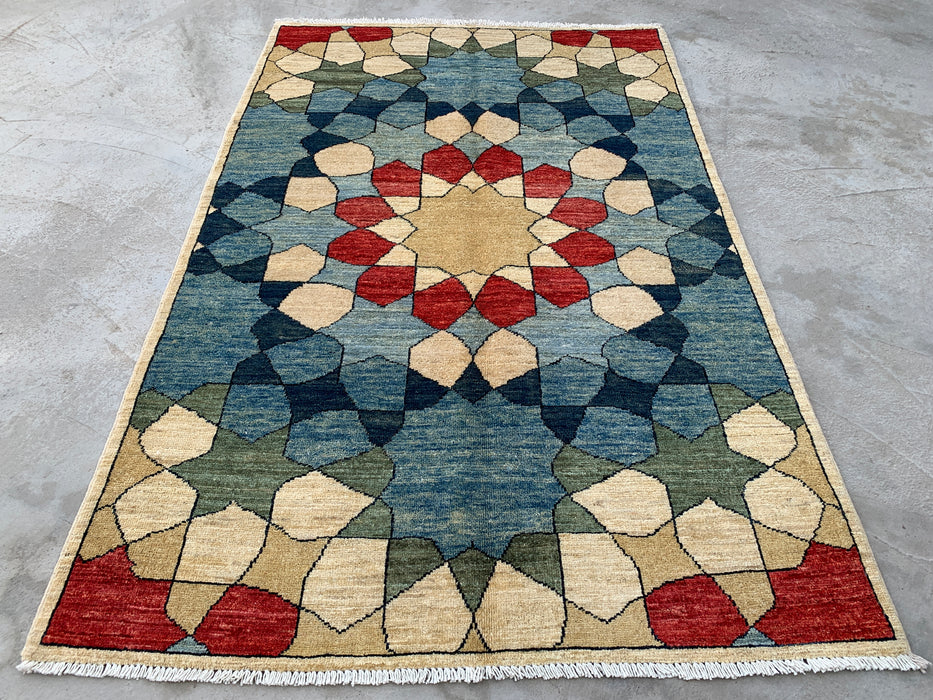 5'10 x 3'10 Handgeknoopt Peshawari Chobi wollen tapijt - Blauw geometrisch modern vloerkleed - KBHM-622