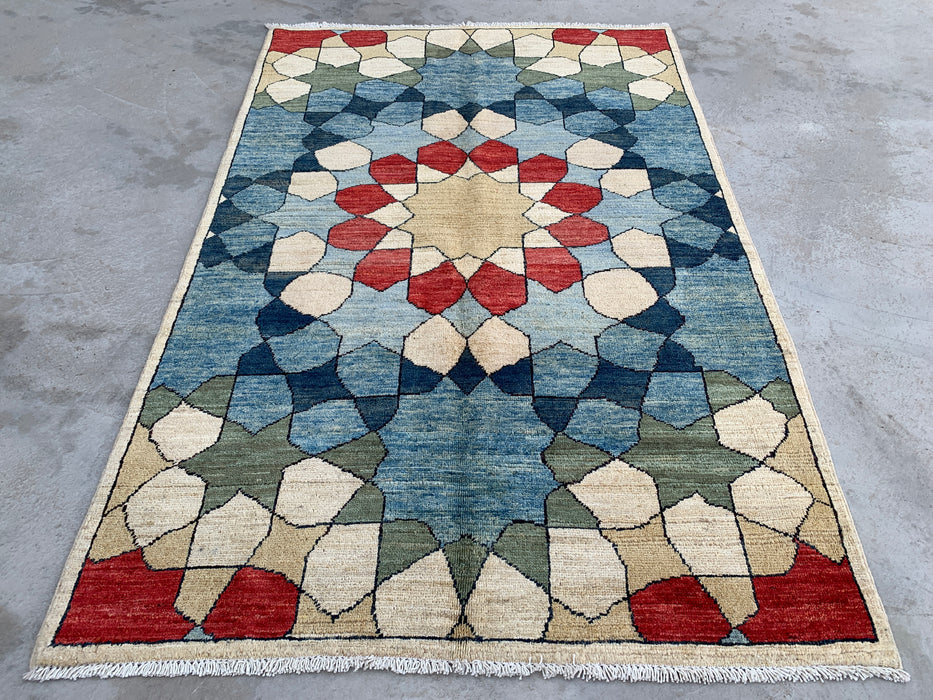 5'10 x 3'10 Handgeknoopt Peshawari Chobi wollen tapijt - Blauw geometrisch modern vloerkleed - KBHM-622