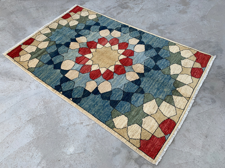5'10 x 3'10 Handgeknoopt Peshawari Chobi wollen tapijt - Blauw geometrisch modern vloerkleed - KBHM-622