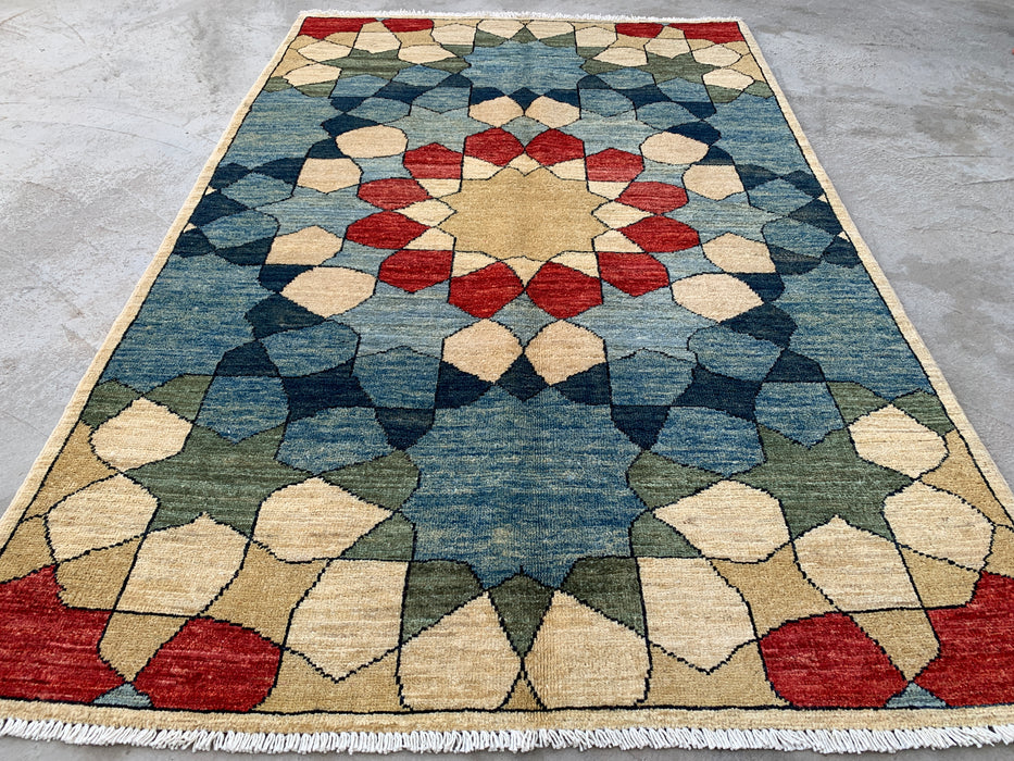 5'10 x 3'10 Handgeknoopt Peshawari Chobi wollen tapijt - Blauw geometrisch modern vloerkleed - KBHM-622