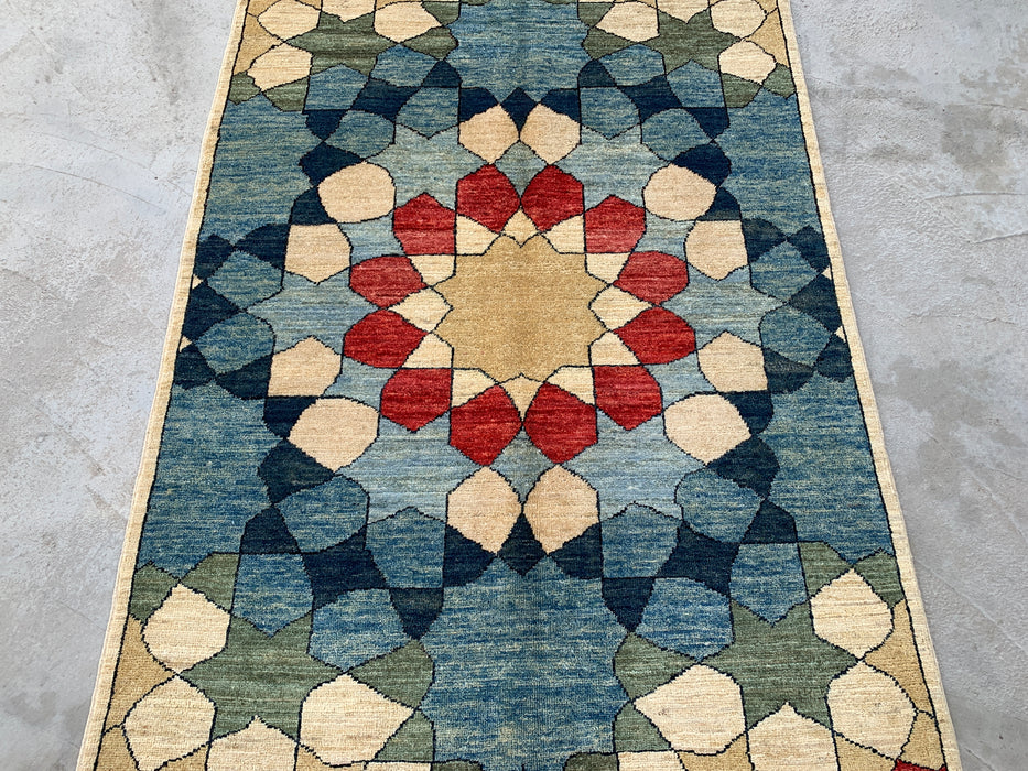 5'10 x 3'10 Handgeknoopt Peshawari Chobi wollen tapijt - Blauw geometrisch modern vloerkleed - KBHM-622