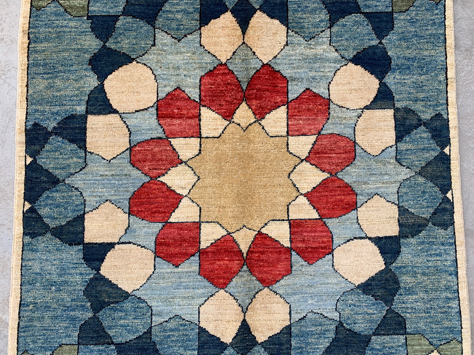5'10 x 3'10 Handgeknoopt Peshawari Chobi wollen tapijt - Blauw geometrisch modern vloerkleed - KBHM-622
