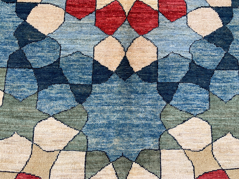 5'10 x 3'10 Handgeknoopt Peshawari Chobi wollen tapijt - Blauw geometrisch modern vloerkleed - KBHM-622