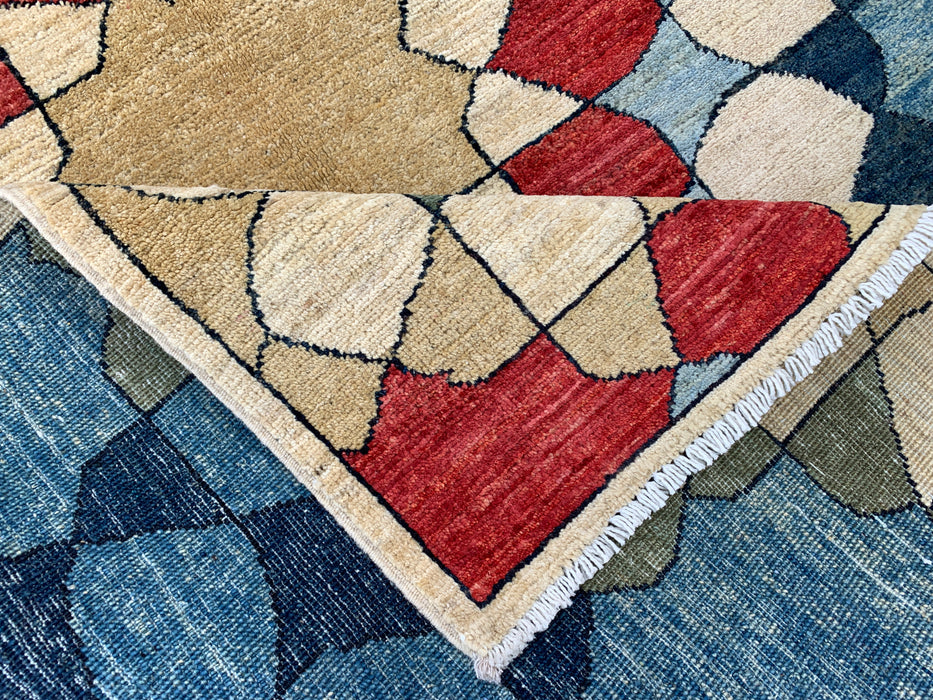5'10 x 3'10 Handgeknoopt Peshawari Chobi wollen tapijt - Blauw geometrisch modern vloerkleed - KBHM-622