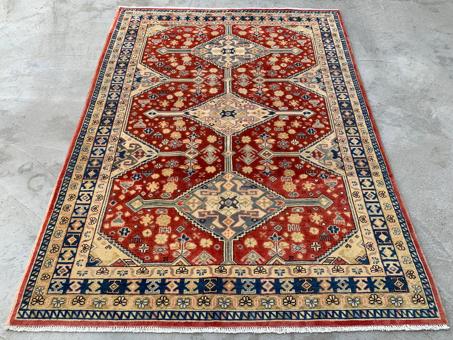 6'8 x 4'11 Hand-Knotted Peshawari Chobi Wool Rug - Red Tribal Geometric Area Rug - KBHM-623