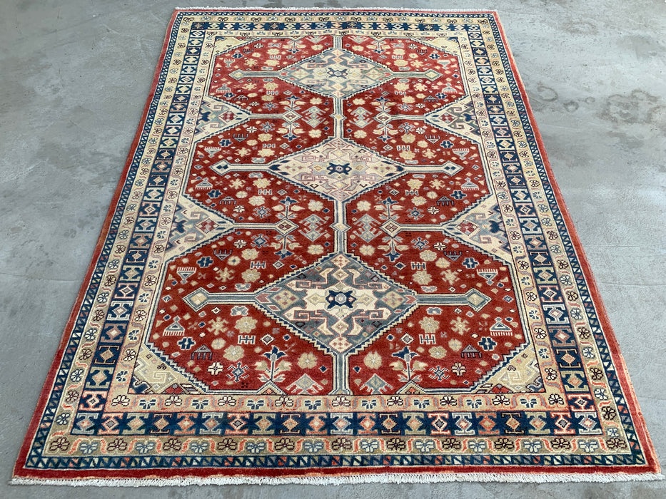 6'8 x 4'11 Hand-Knotted Peshawari Chobi Wool Rug - Red Tribal Geometric Area Rug - KBHM-623