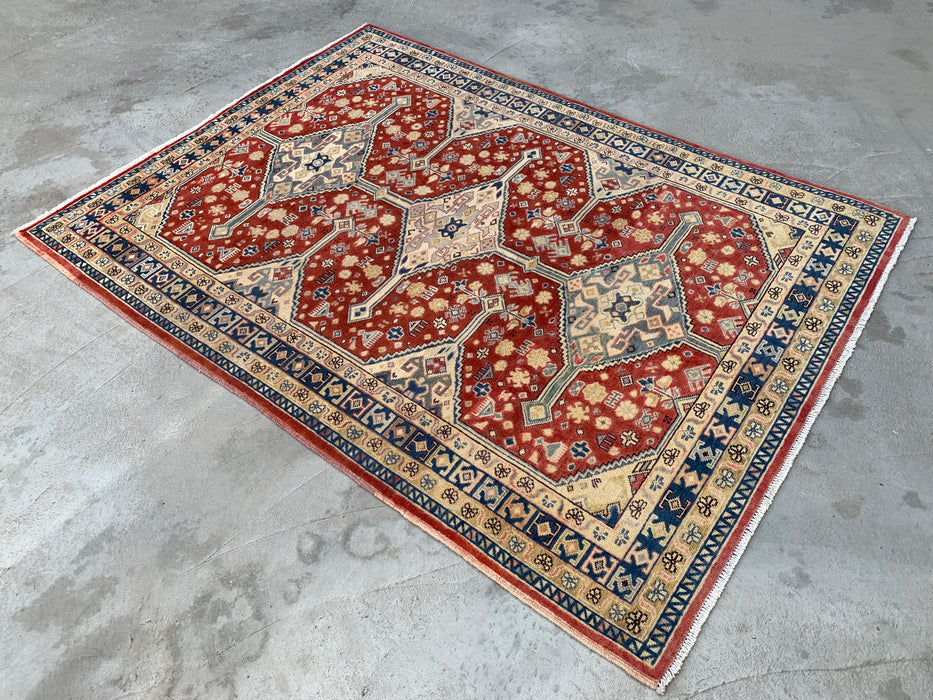 6'8 x 4'11 Hand-Knotted Peshawari Chobi Wool Rug - Red Tribal Geometric Area Rug - KBHM-623