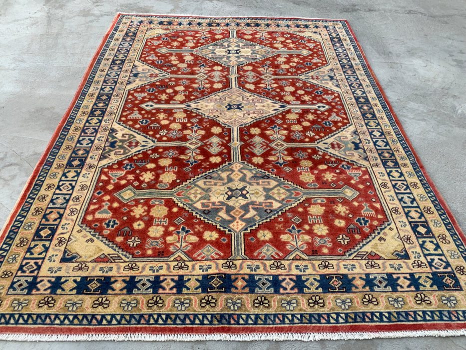 6'8 x 4'11 Hand-Knotted Peshawari Chobi Wool Rug - Red Tribal Geometric Area Rug - KBHM-623