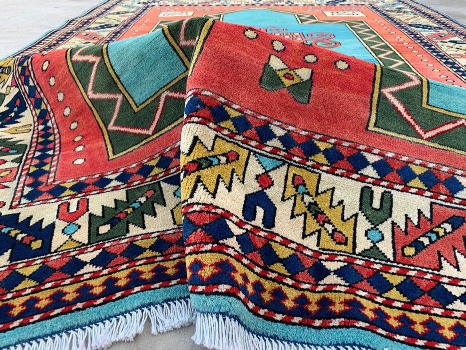 193 x 152 cm handgeknoopt Peshawari Chobi wollen tapijt - Turquoise geometrisch tribaal vloerkleed - KBHM-624