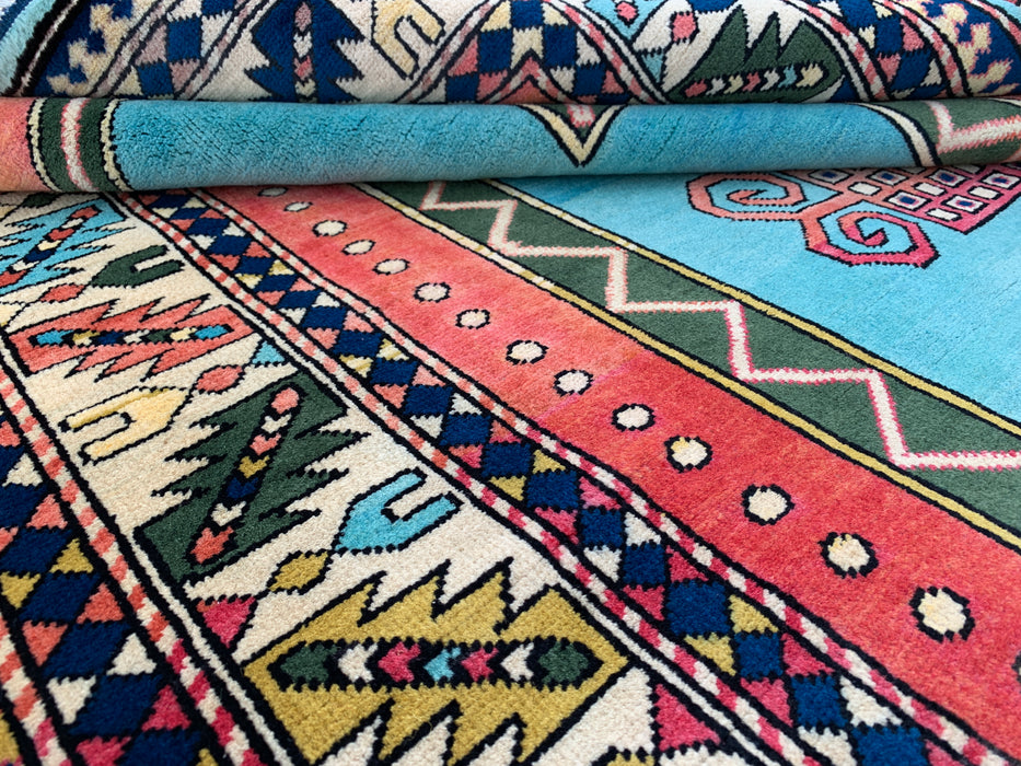 193 x 152 cm handgeknoopt Peshawari Chobi wollen tapijt - Turquoise geometrisch tribaal vloerkleed - KBHM-624