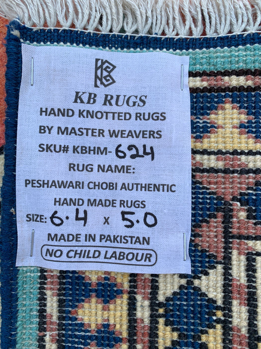 193 x 152 cm handgeknoopt Peshawari Chobi wollen tapijt - Turquoise geometrisch tribaal vloerkleed - KBHM-624