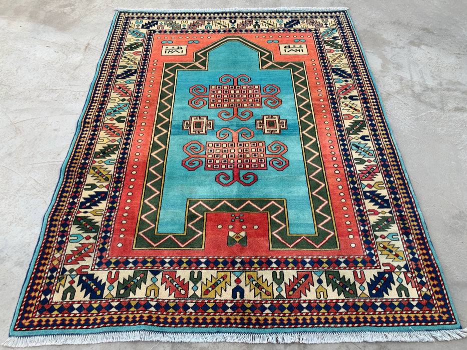 193 x 152 cm handgeknoopt Peshawari Chobi wollen tapijt - Turquoise geometrisch tribaal vloerkleed - KBHM-624