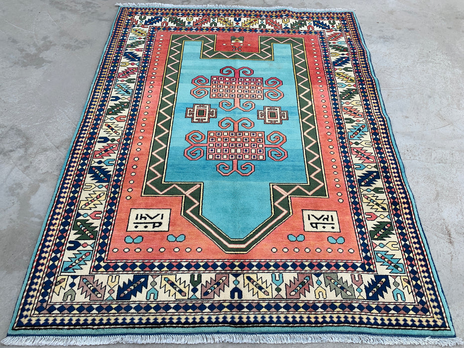 193 x 152 cm handgeknoopt Peshawari Chobi wollen tapijt - Turquoise geometrisch tribaal vloerkleed - KBHM-624