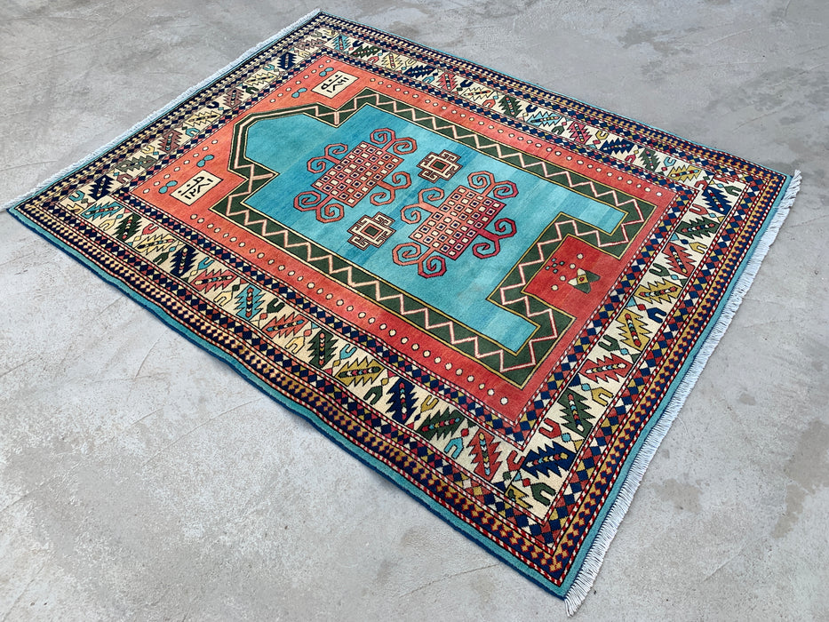 193 x 152 cm handgeknoopt Peshawari Chobi wollen tapijt - Turquoise geometrisch tribaal vloerkleed - KBHM-624