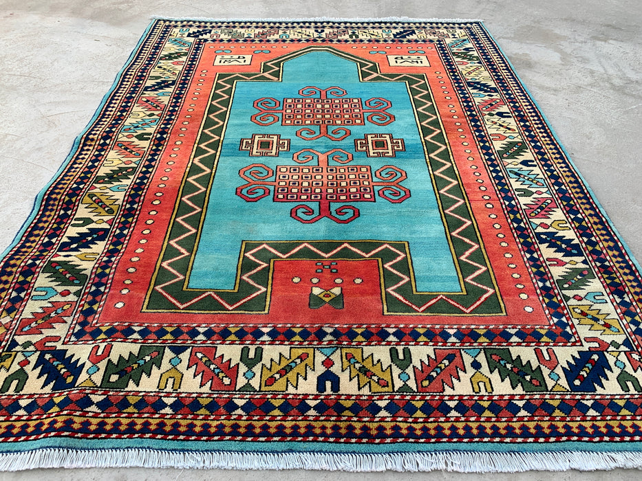 193 x 152 cm handgeknoopt Peshawari Chobi wollen tapijt - Turquoise geometrisch tribaal vloerkleed - KBHM-624