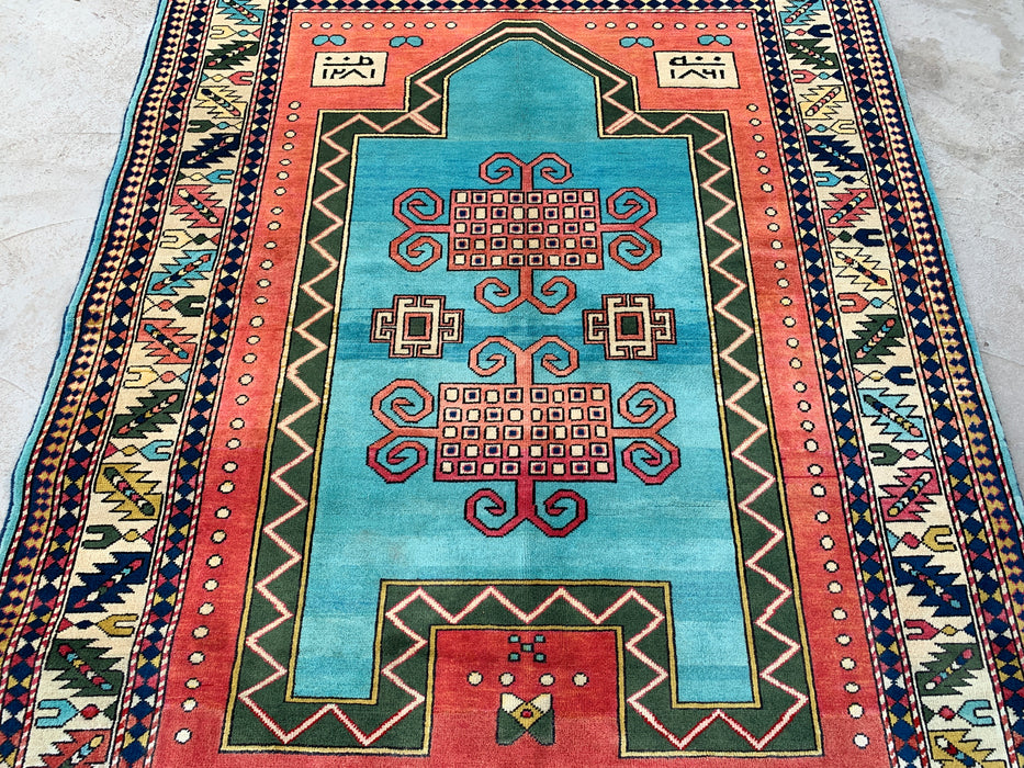193 x 152 cm handgeknoopt Peshawari Chobi wollen tapijt - Turquoise geometrisch tribaal vloerkleed - KBHM-624