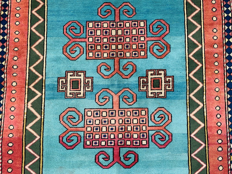 193 x 152 cm handgeknoopt Peshawari Chobi wollen tapijt - Turquoise geometrisch tribaal vloerkleed - KBHM-624